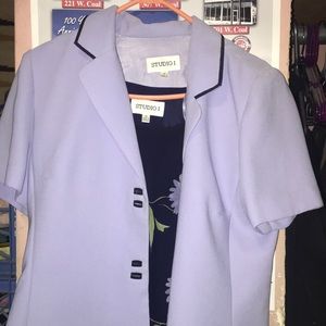 Blue dress with purple cardigan